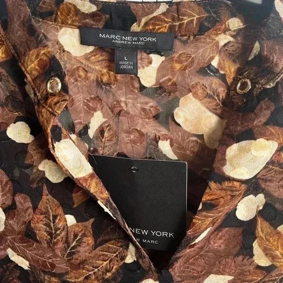 5/$25 BUNDLE SALE!! Marc New York NWT Brown & Cream Satin Floral Leaf Blouse - Picture 2 of 7